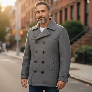 Vintage Arjun Men's Dark Grey Double Breasted Wool Blend Peacoat Jacket 4XL New